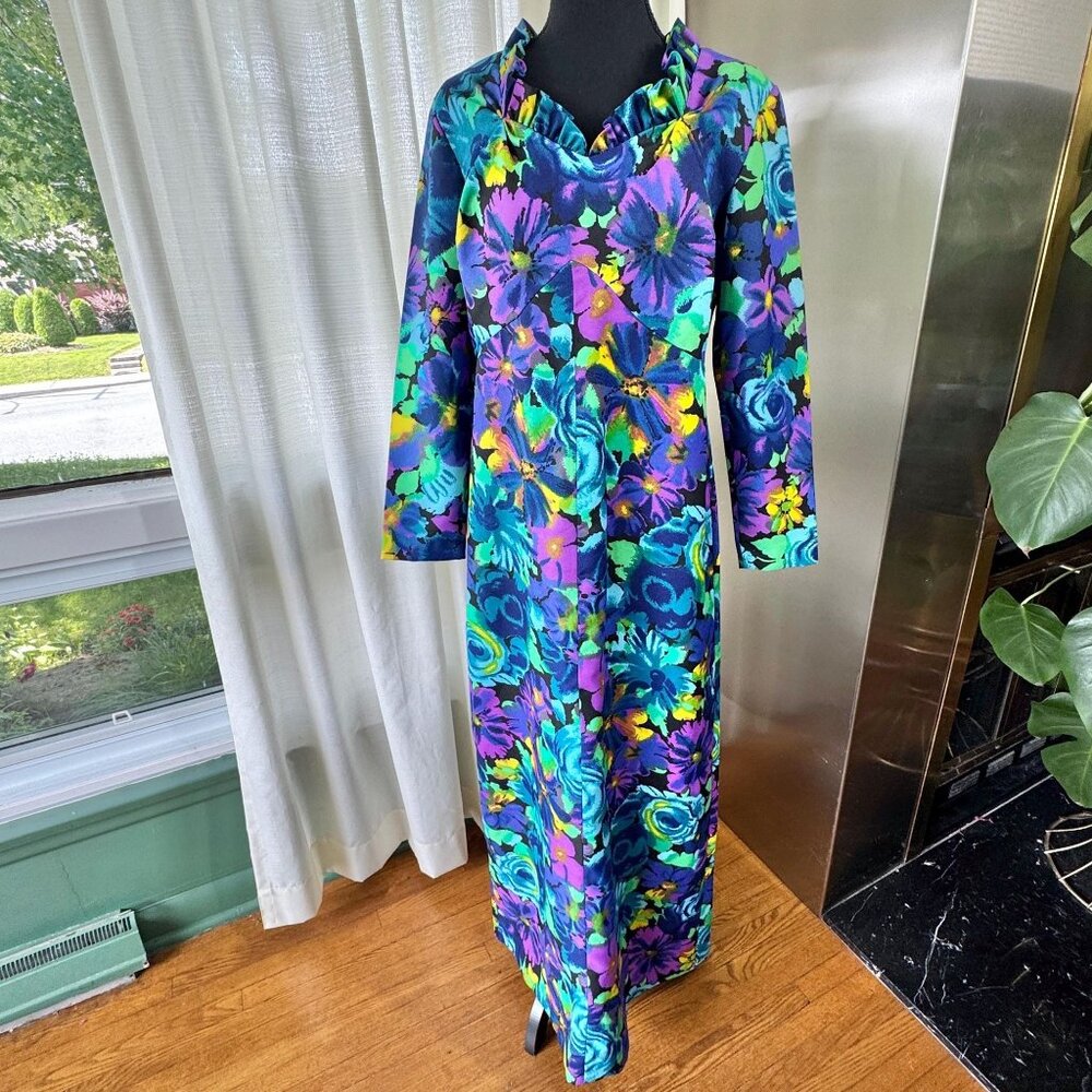 Vintage 70s dress, blue, teal, purple, yellow floral print, funky maxi, ruffled